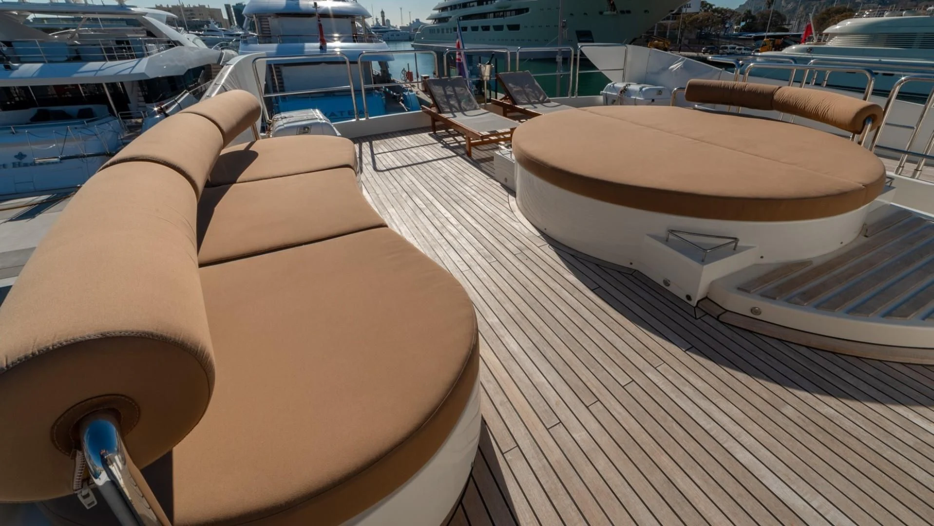 a wooden boat on a dock aboard GRACE Yacht for Sale