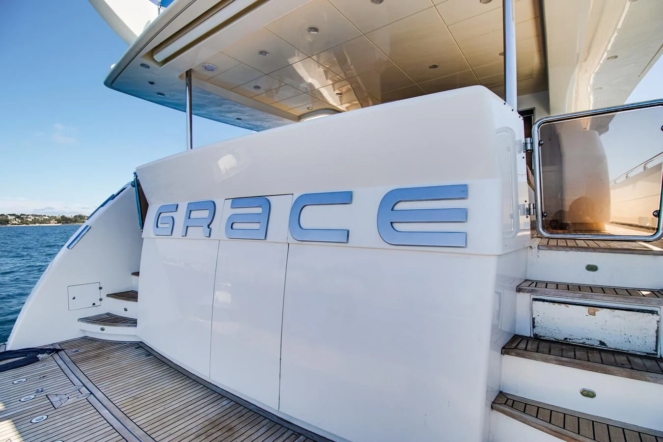 a white boat on a boat aboard GRACE Yacht for Sale
