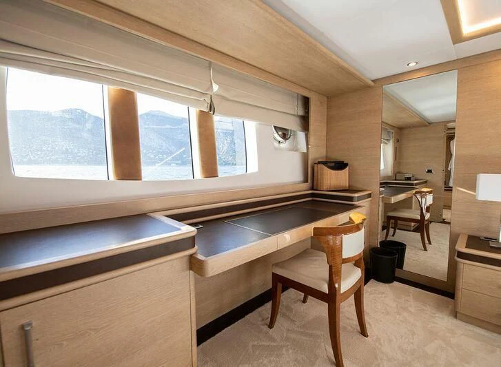 a kitchen with a large window aboard GRACE Yacht for Sale