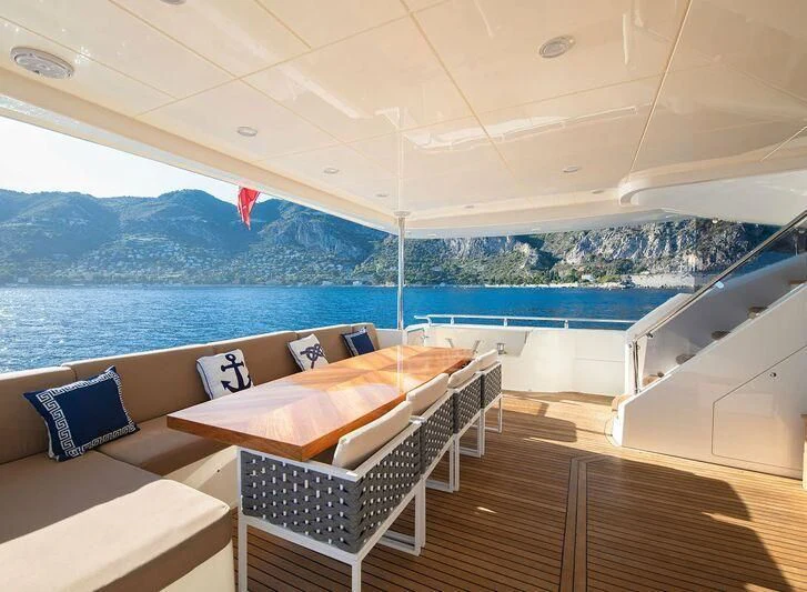 a room with a view of the ocean and mountains aboard GRACE Yacht for Sale