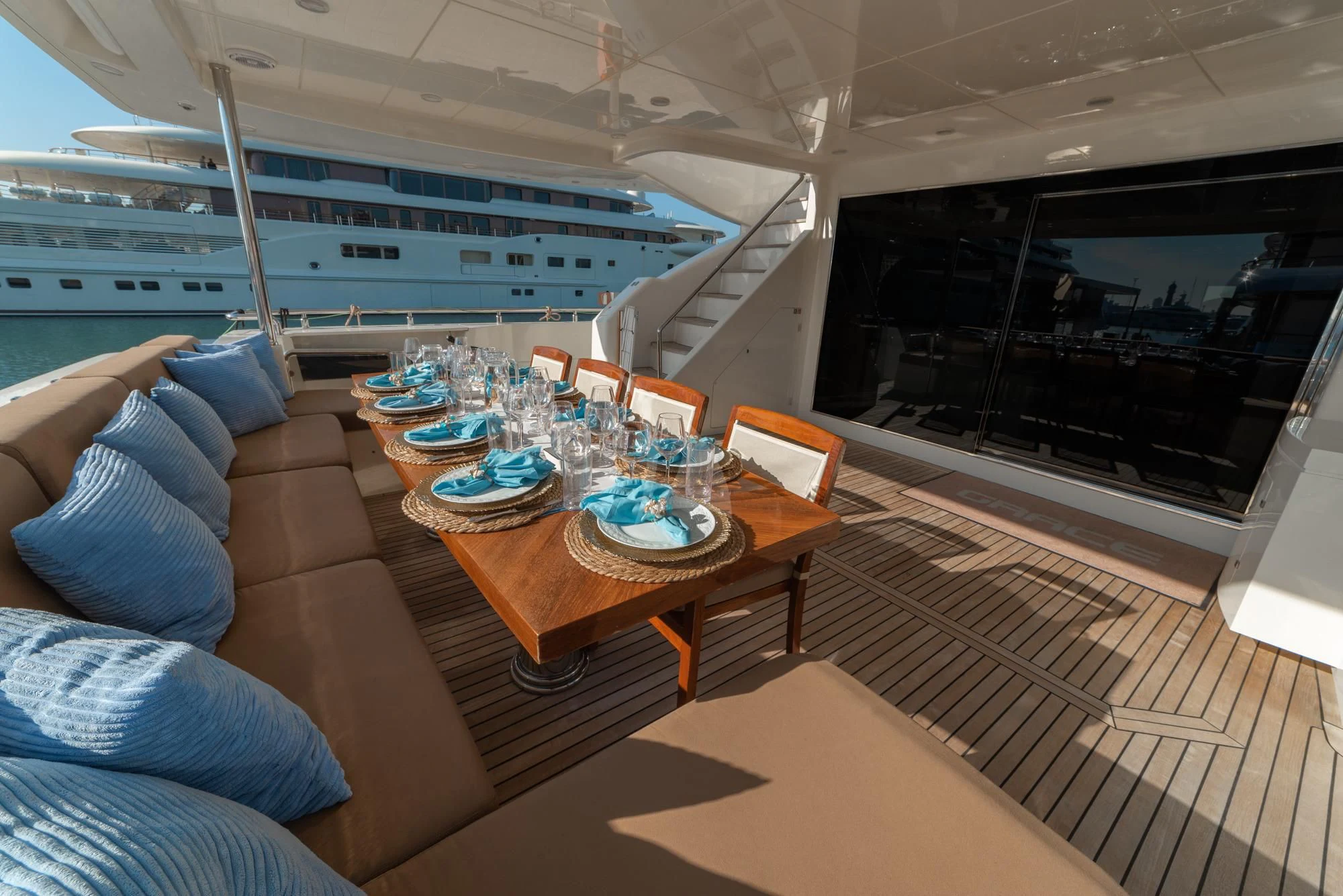 a living room with a large window aboard GRACE Yacht for Sale