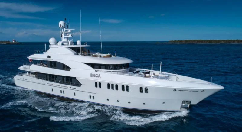 a white yacht on the water aboard BACA Yacht for Charter