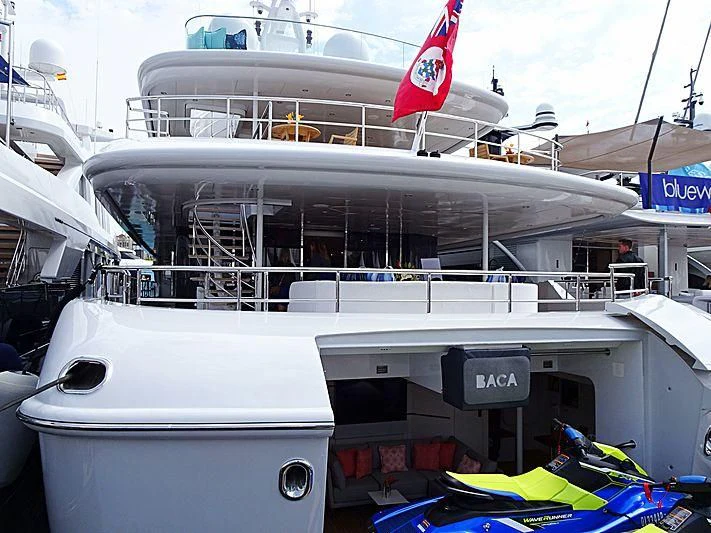 a boat with a flag on the front aboard BACA Yacht for Charter
