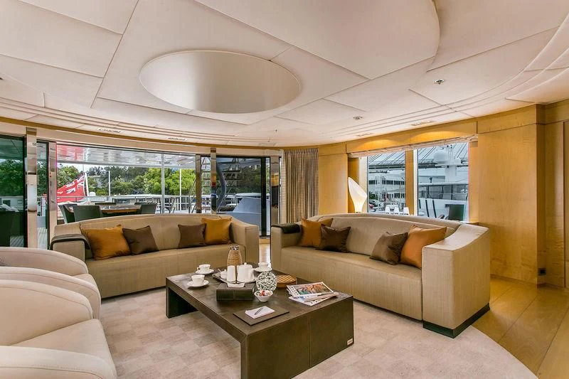 a living room with a large ceiling aboard BACA Yacht for Charter