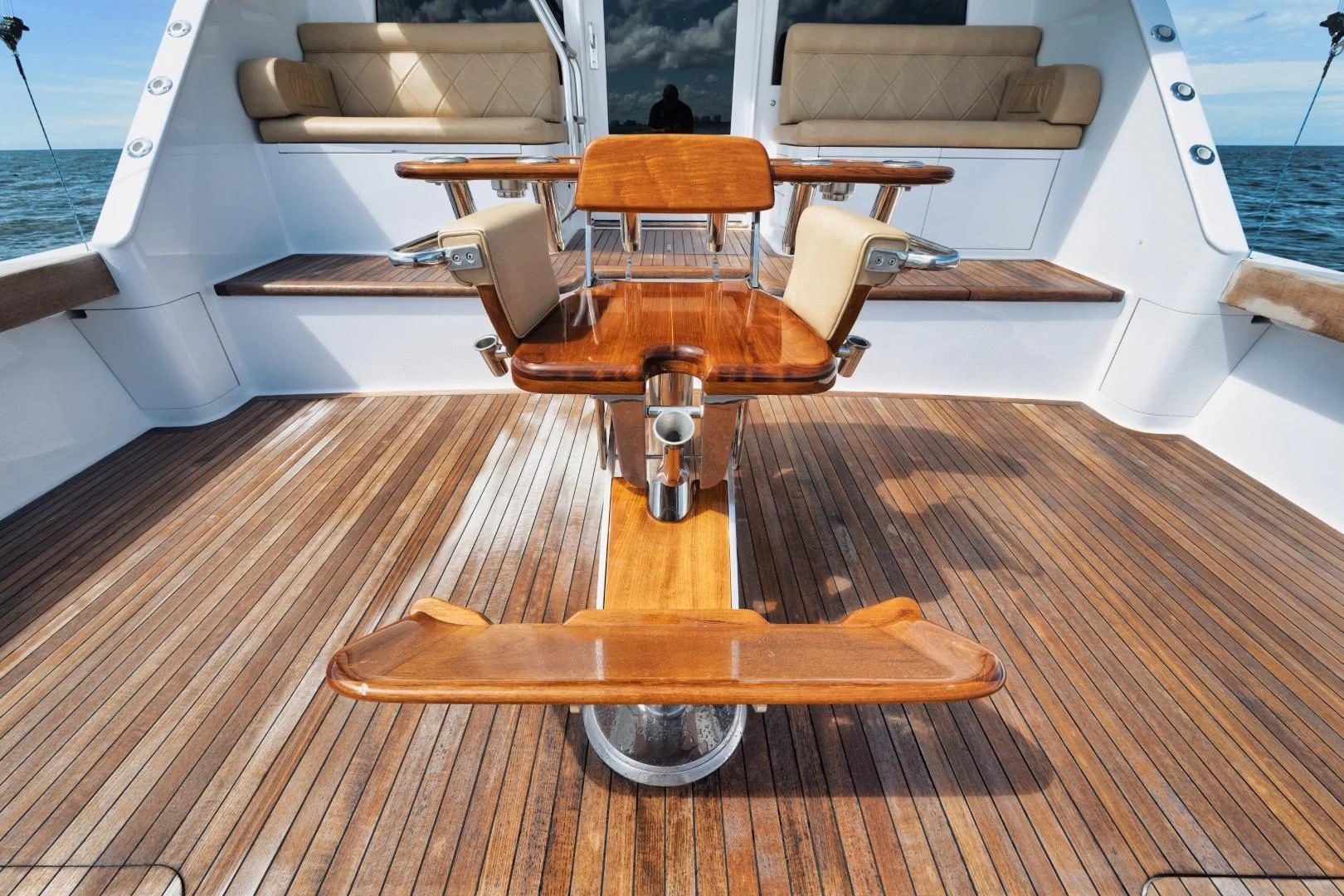 a wooden table on a boat aboard PAST TIME Yacht for Sale