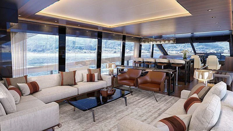 a large living room with a large window aboard DUTCH FALCON Yacht for Sale