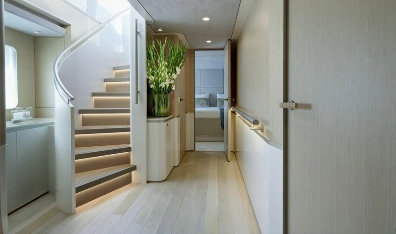 a hallway with white walls aboard DUTCH FALCON Yacht for Sale
