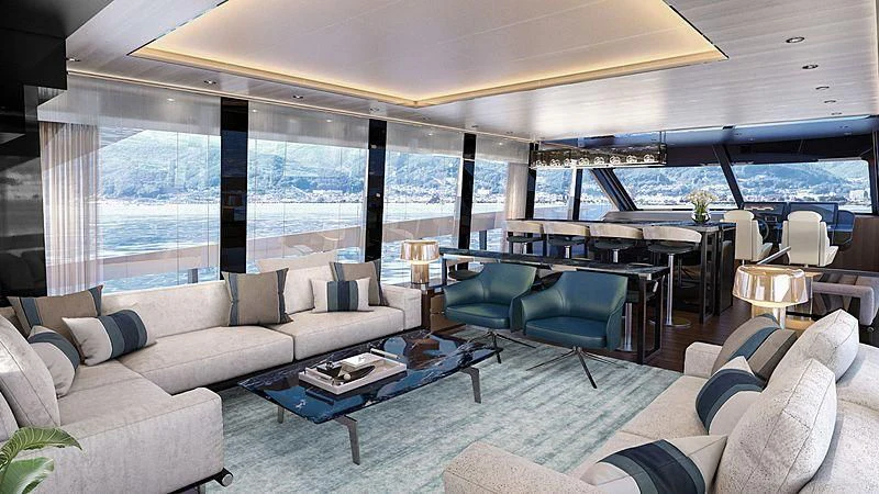 a living room with a large window aboard DUTCH FALCON Yacht for Sale