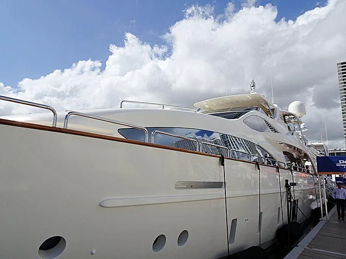 a white yacht on display aboard INSIEME Yacht for Sale