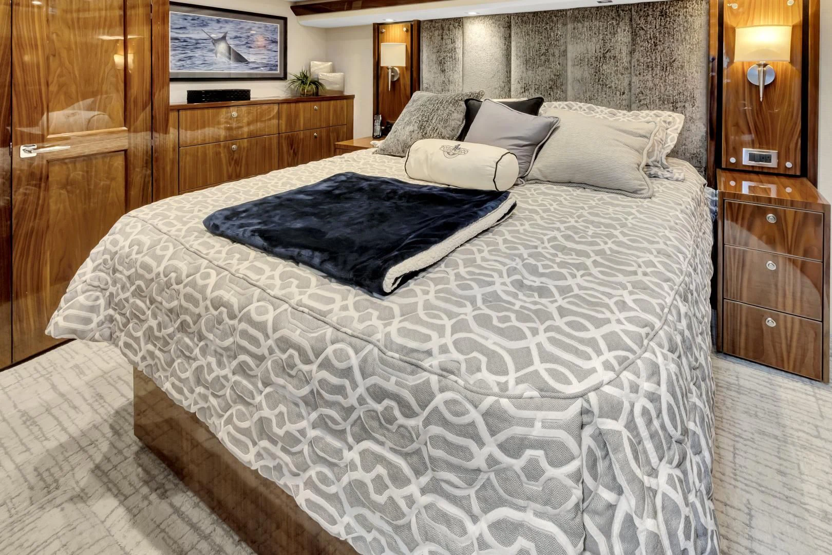 a bed with white sheets aboard POZO SECO Yacht for Sale