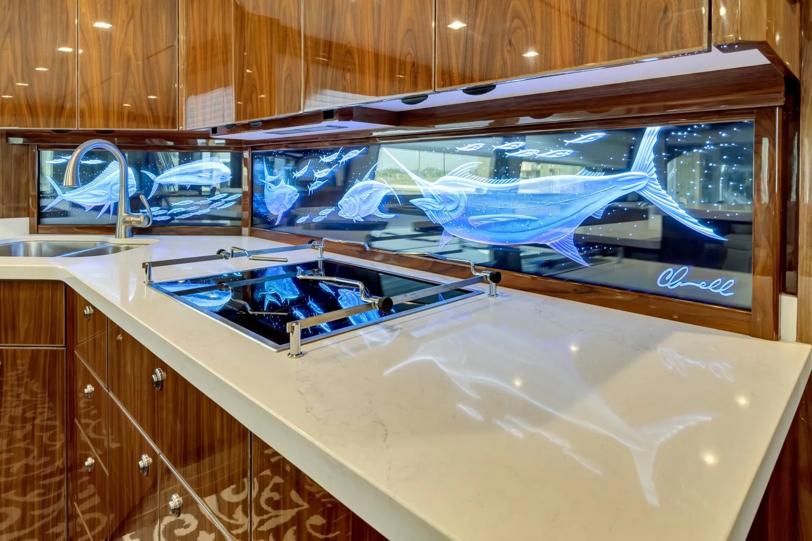 a large aquarium tank in a kitchen aboard POZO SECO Yacht for Sale