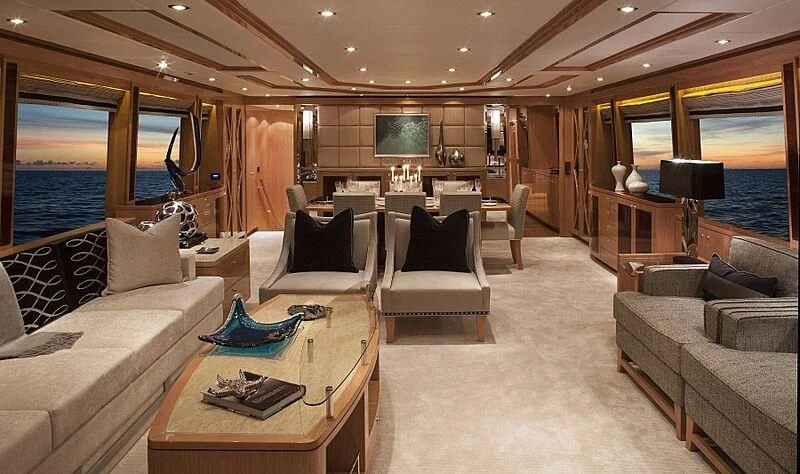 a living room with a large window aboard PINGUINITO Yacht for Sale