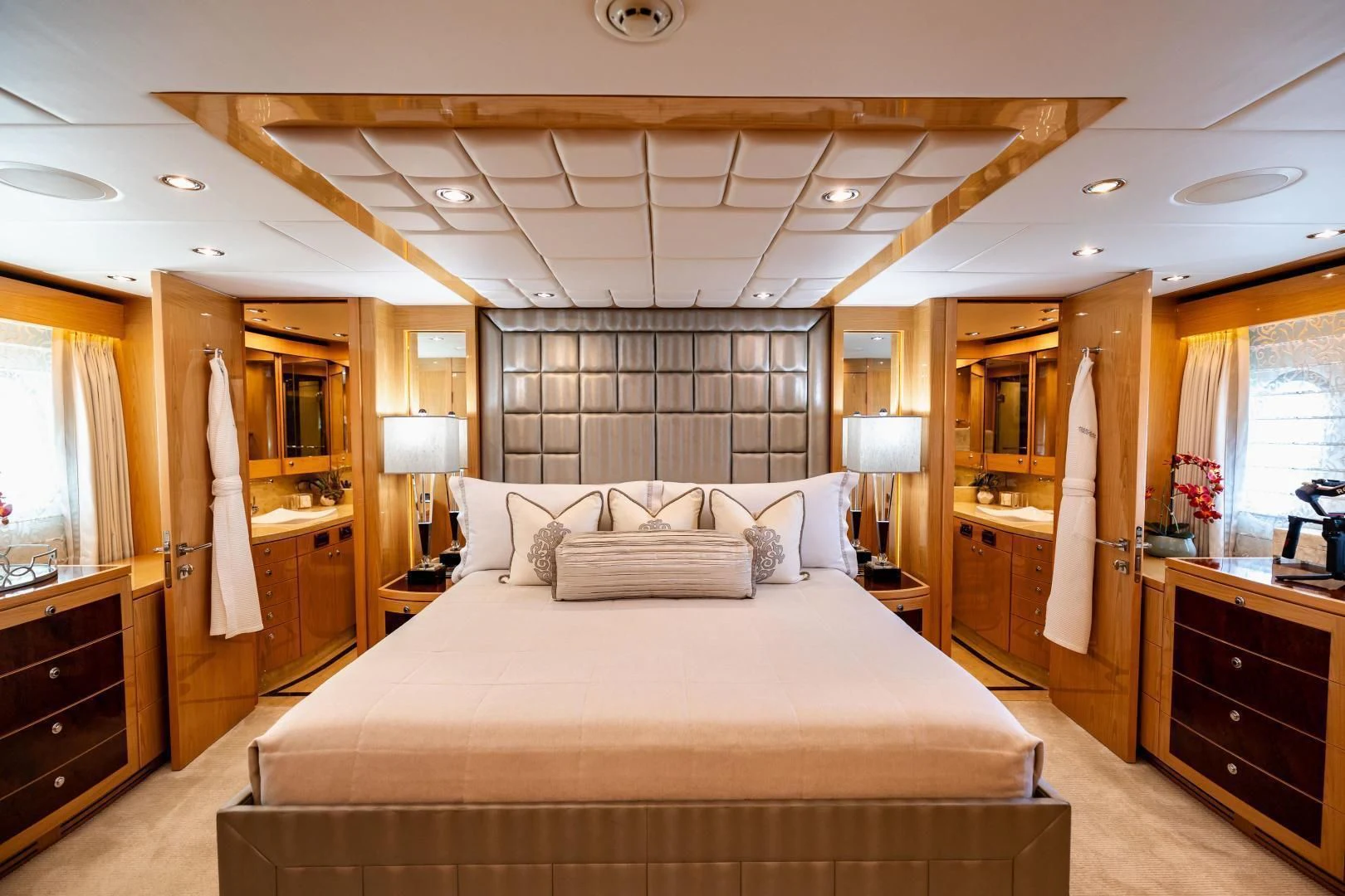 a large bedroom with a large bed aboard PINGUINITO Yacht for Sale