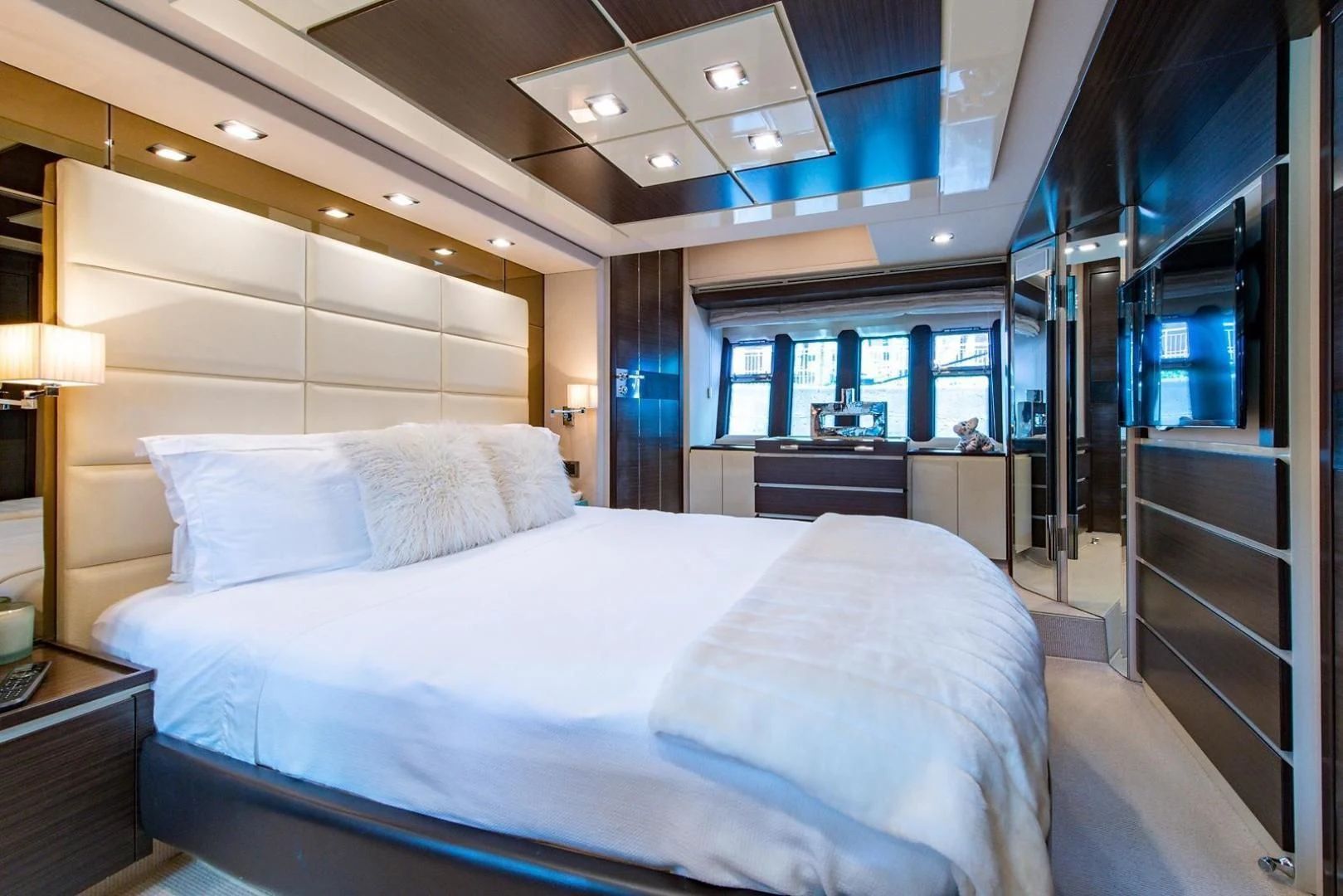 a large bed in a room aboard SOMEWHERE I BELONG Yacht for Sale