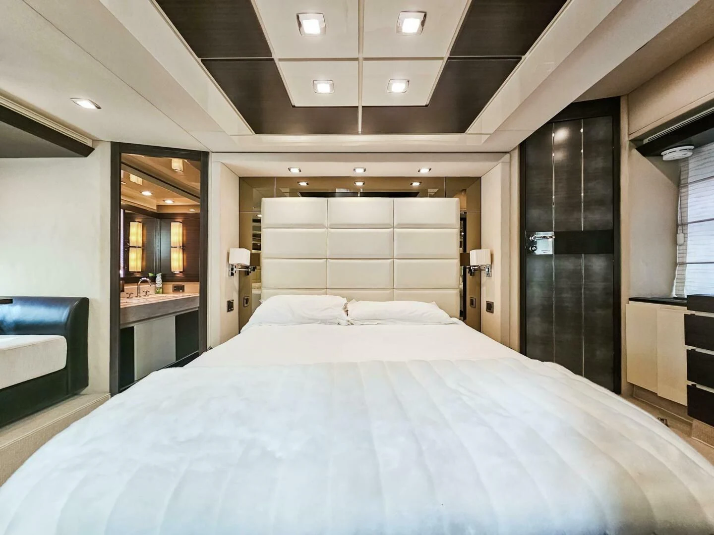 a large bed in a room aboard SOMEWHERE I BELONG Yacht for Sale