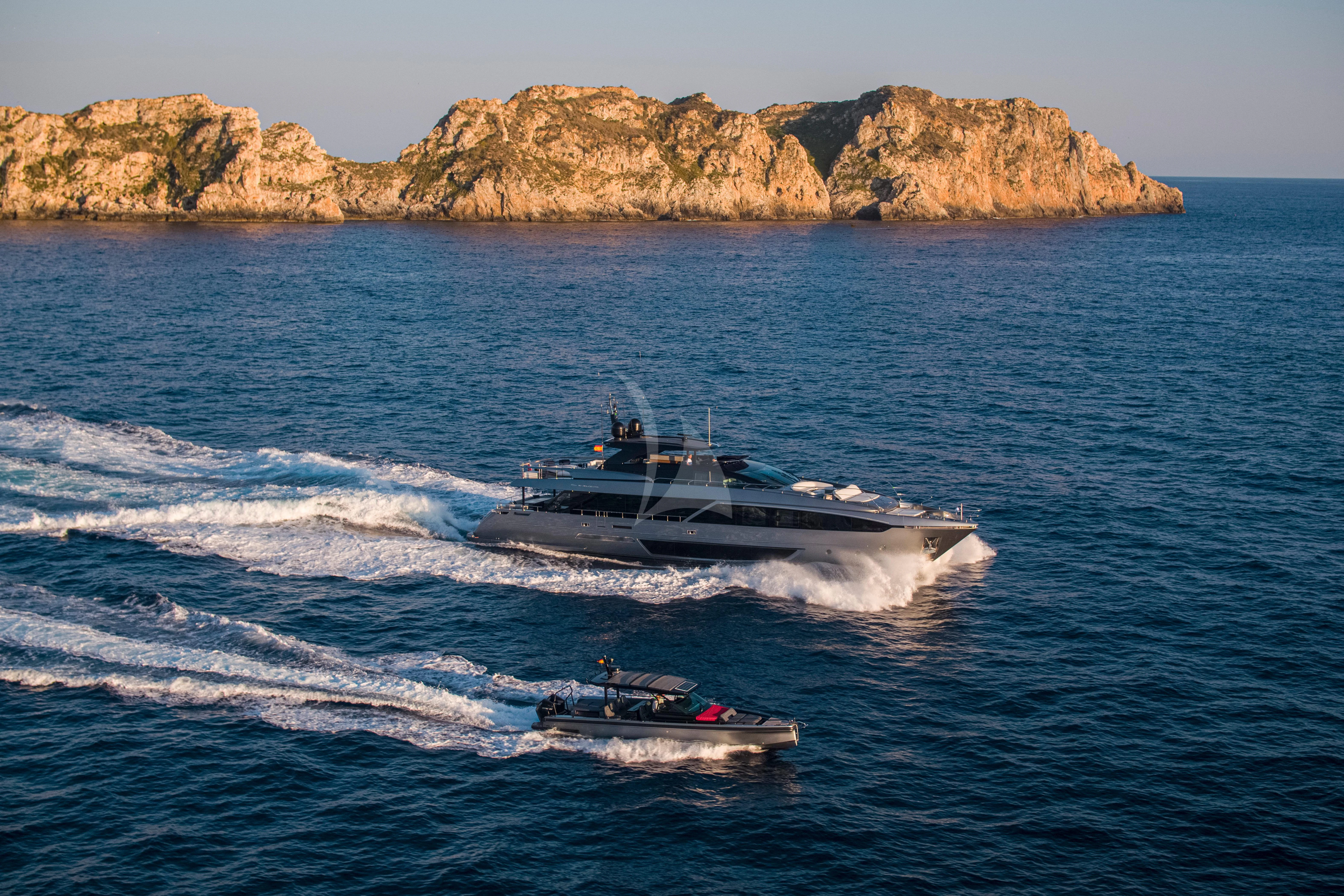 a boat and a helicopter in the water aboard FIGURATI Yacht for Sale