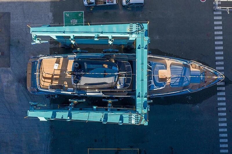 a large blue boat aboard FIGURATI Yacht for Sale