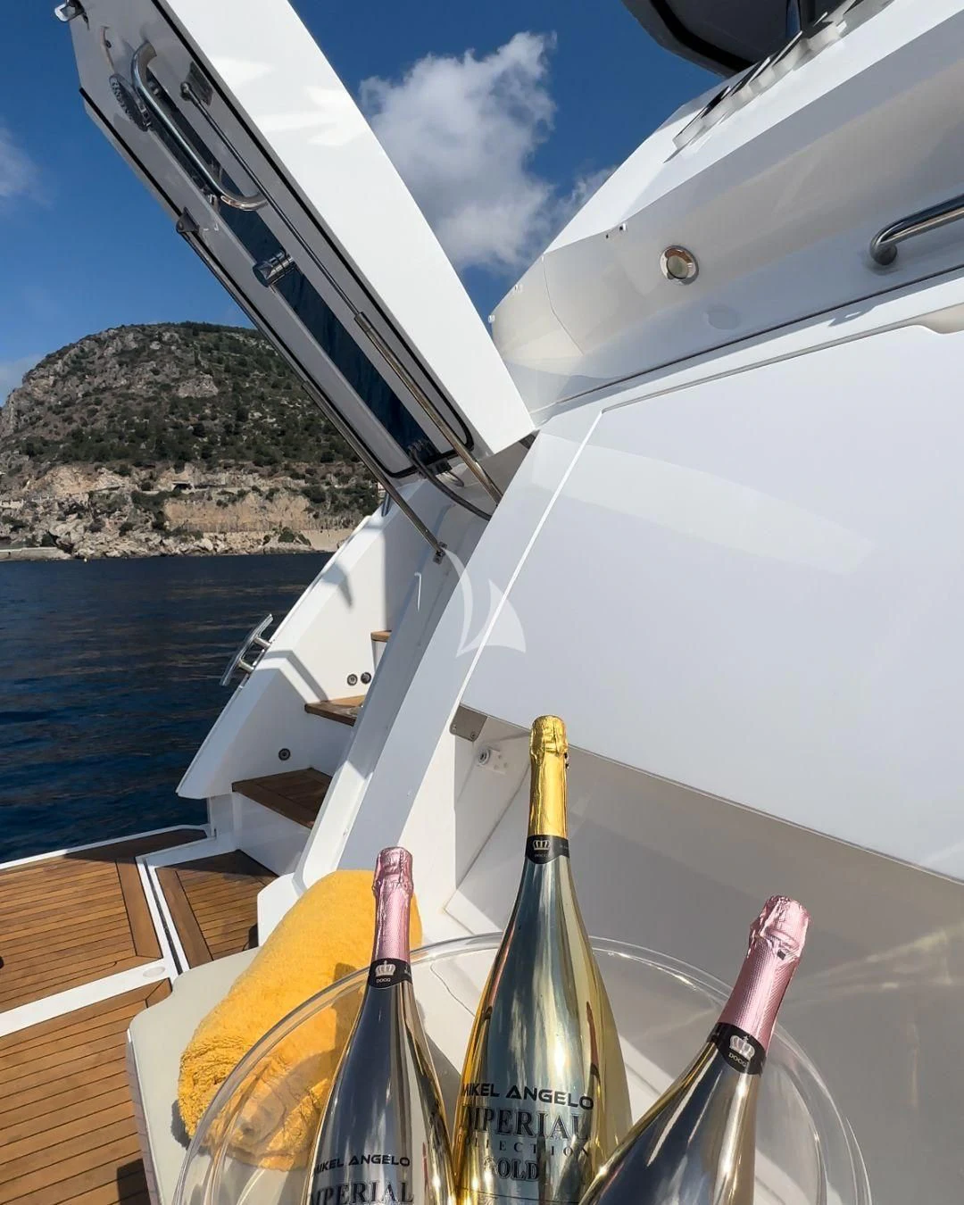 a boat with a glass panel aboard MIKEL ANGELO Yacht for Charter