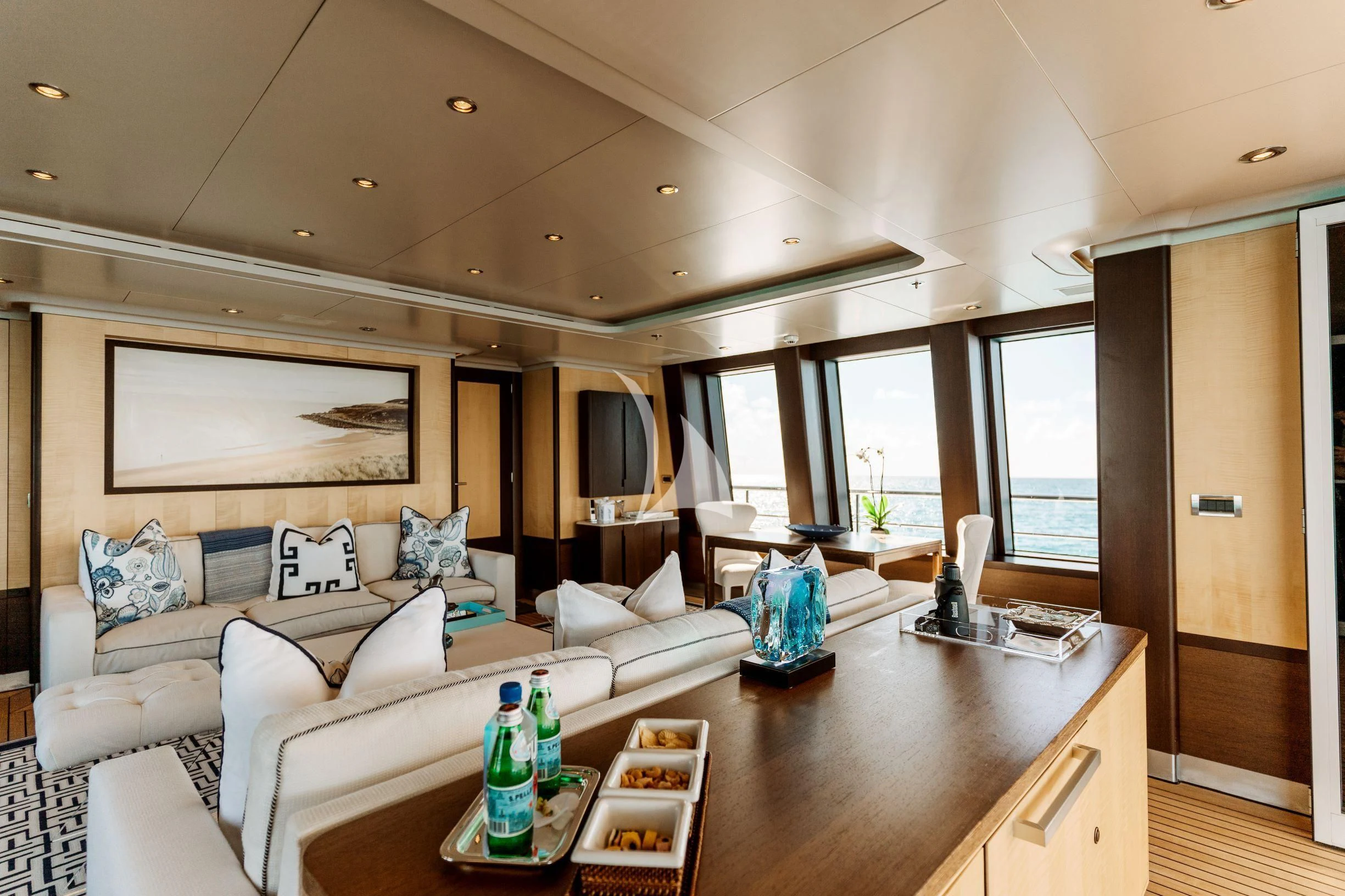 a living room with a large window aboard BELLA Yacht for Sale