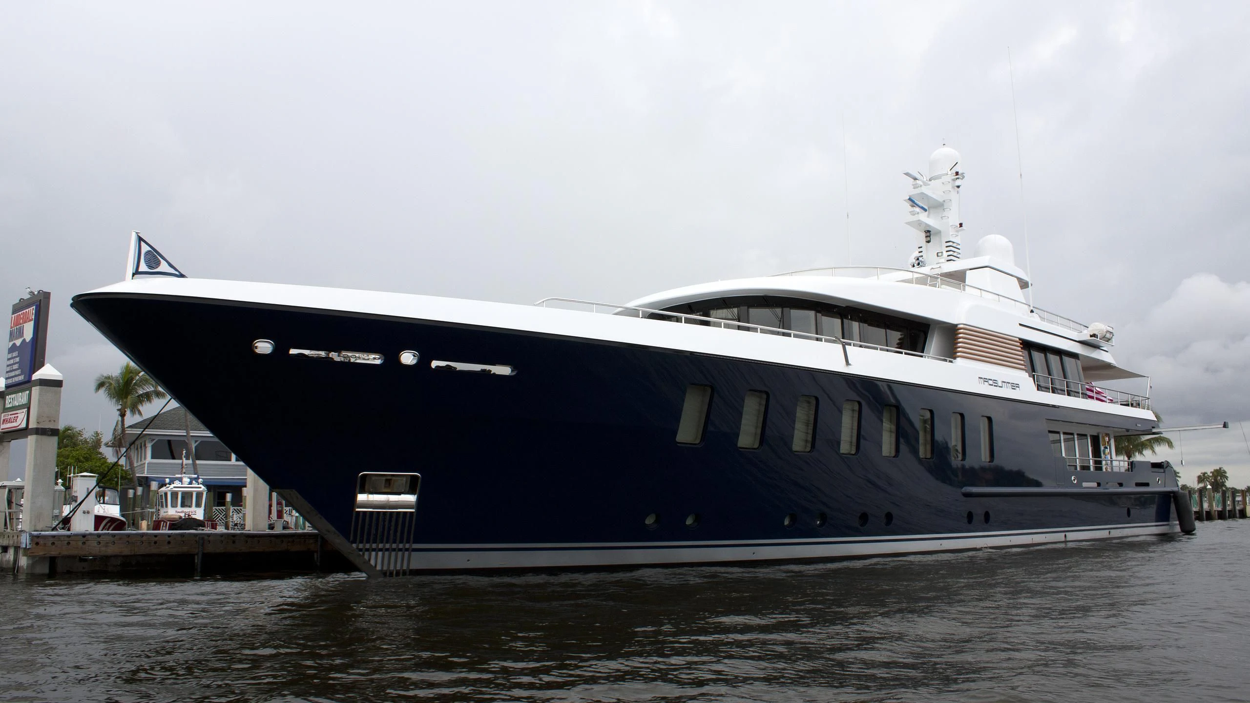 a large ship docked aboard BELLA Yacht for Sale