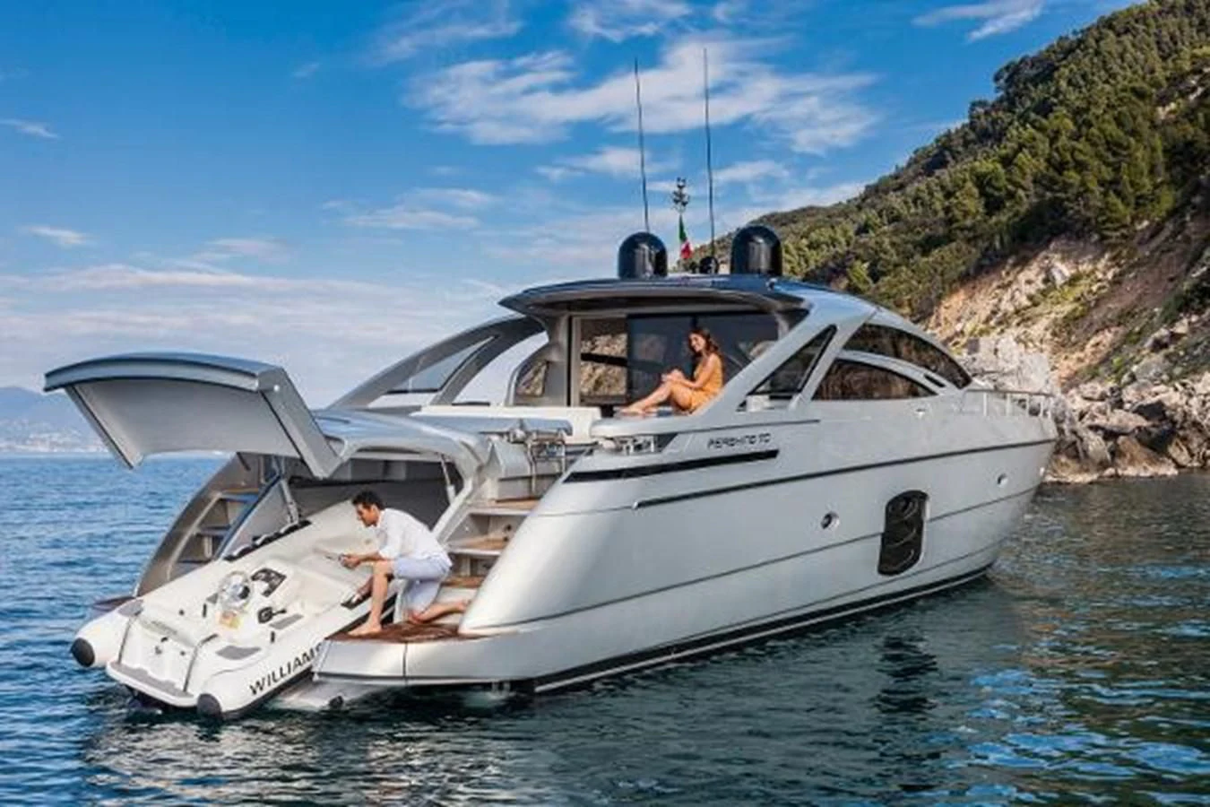 a couple of men in a white yacht on the water aboard STAR Yacht for Sale