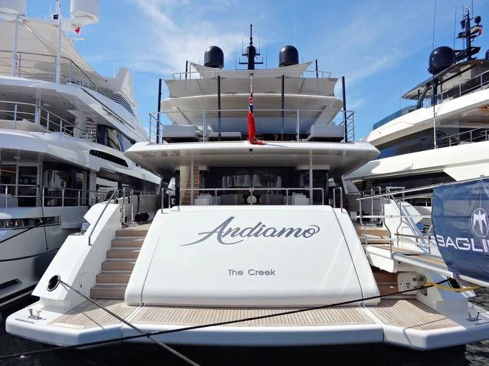 a boat with a red stripe aboard ANDIAMO Yacht for Sale