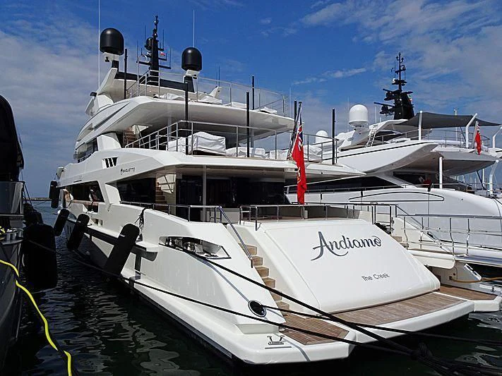 a boat docked at a dock aboard ANDIAMO Yacht for Sale