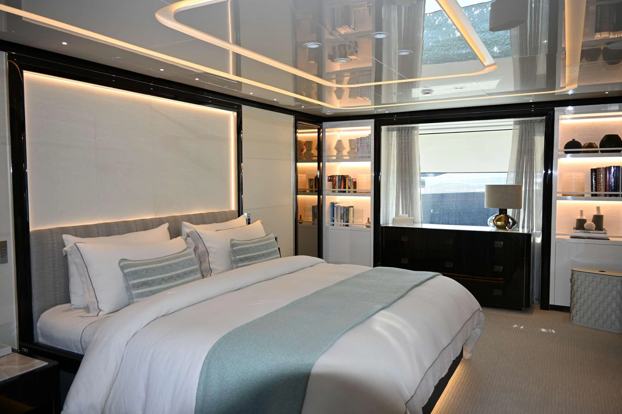 a bed in a room aboard ANDIAMO Yacht for Sale
