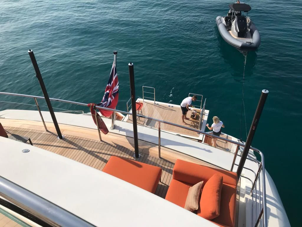 a boat with a flag on the front aboard ANDIAMO Yacht for Sale
