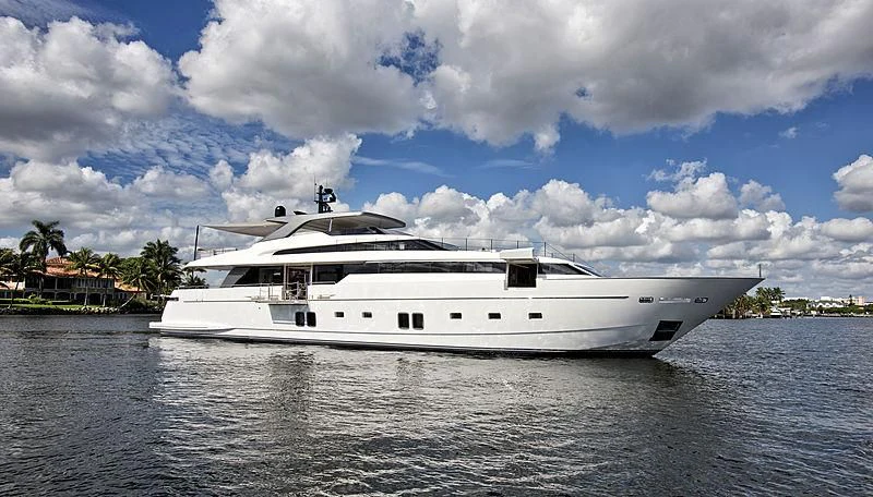 a white yacht on the water aboard CERVINO Yacht for Sale