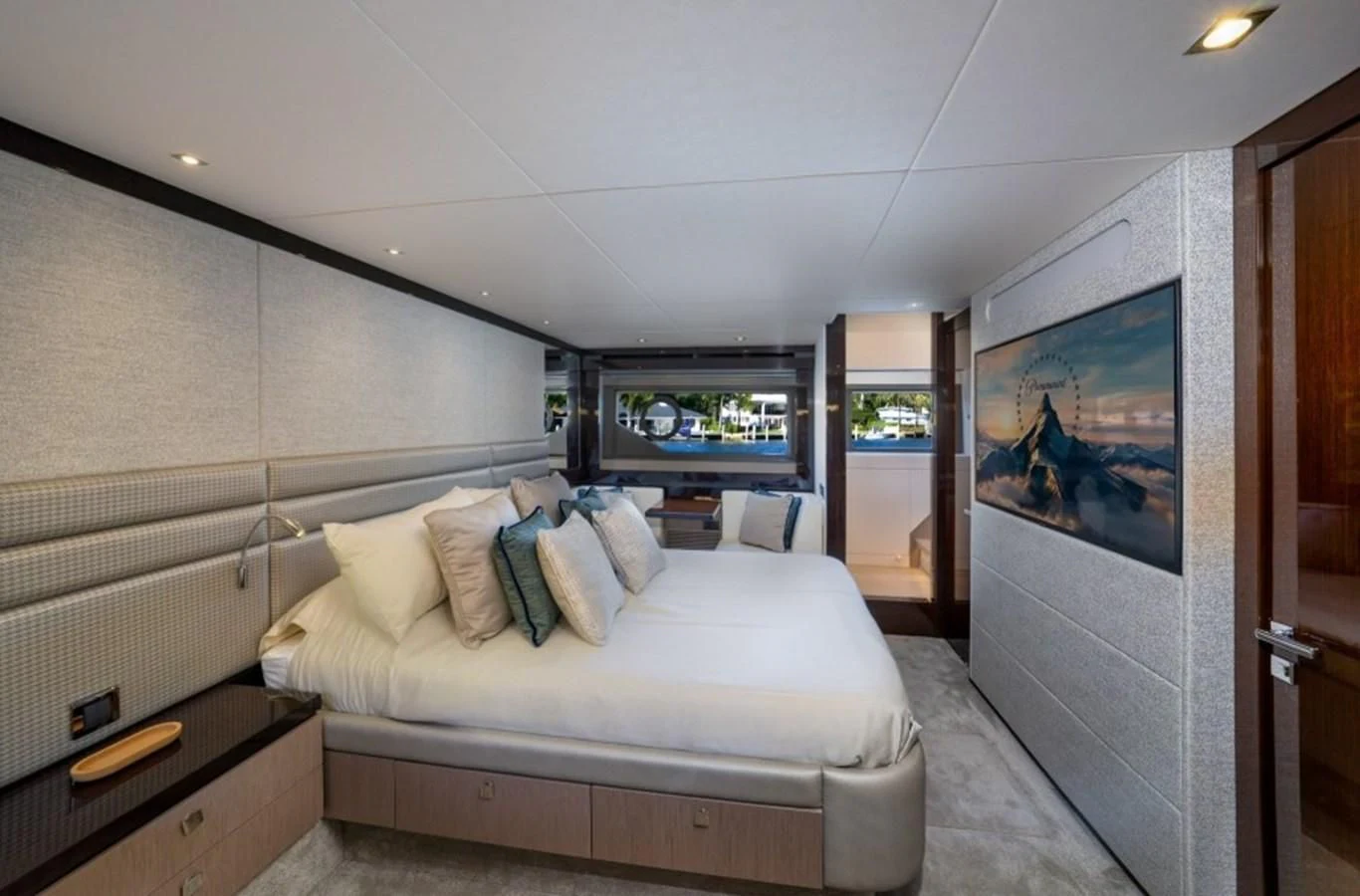 a bed in a room aboard 66 MANHATTAN Yacht for Sale