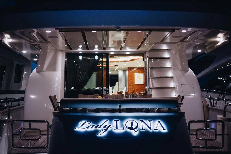 a stage with a screen and a blue screen aboard LADY LONA Yacht for Sale