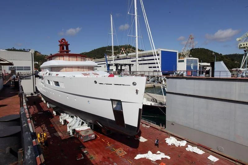a boat docked at a pier aboard NAUTILUS Yacht for Sale