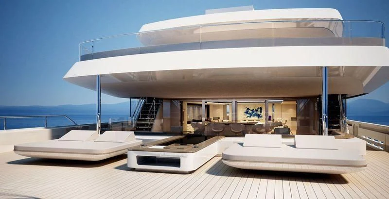 a large white building with a glass ceiling and a large white boat on the deck aboard NAUTILUS Yacht for Sale