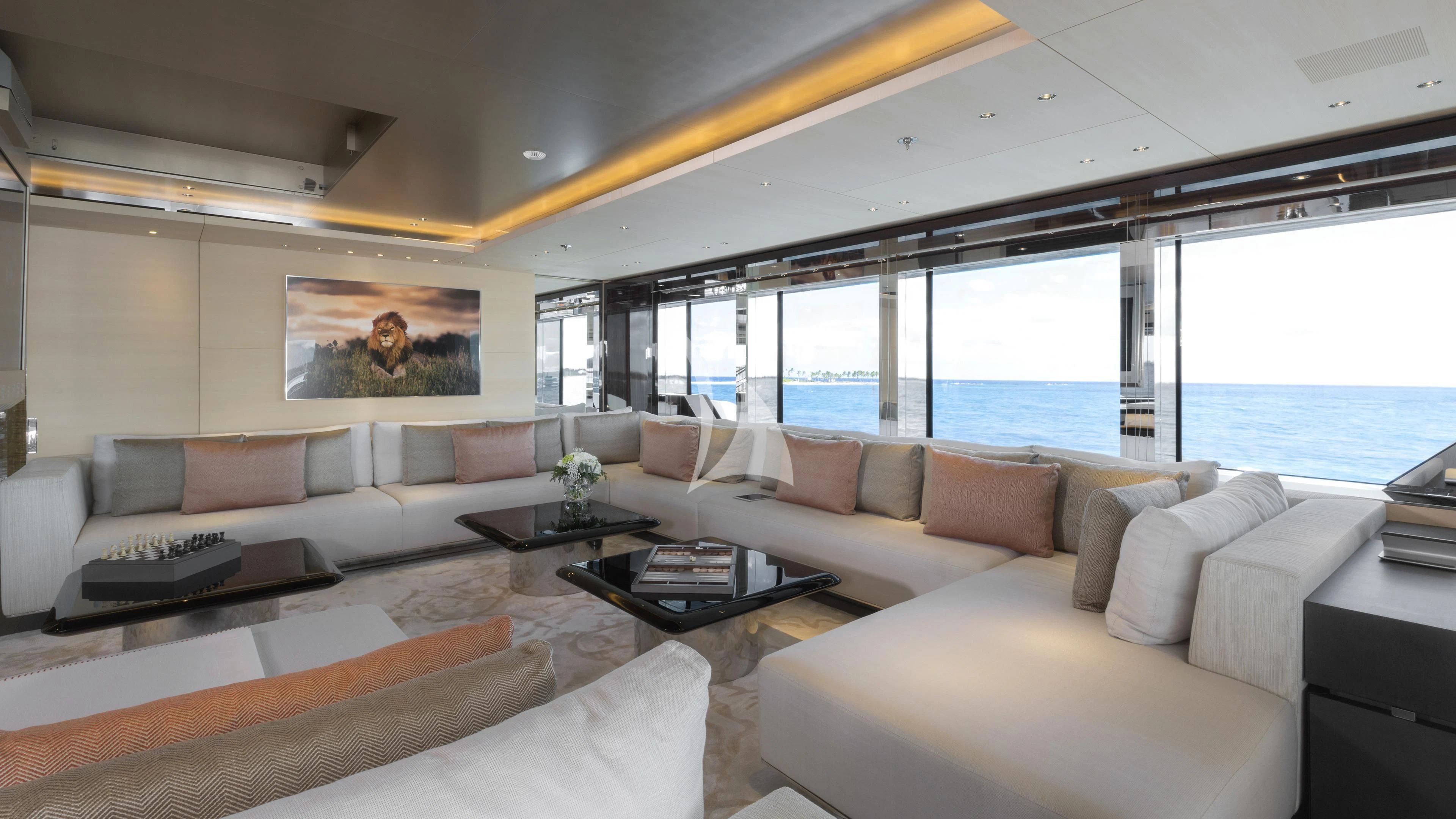 a living room with a large window aboard NAUTILUS Yacht for Sale