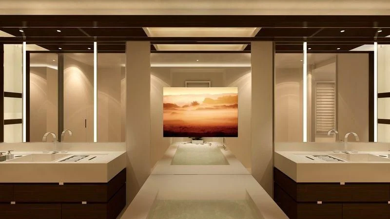 a large bathroom with a large mirror aboard NAUTILUS Yacht for Sale