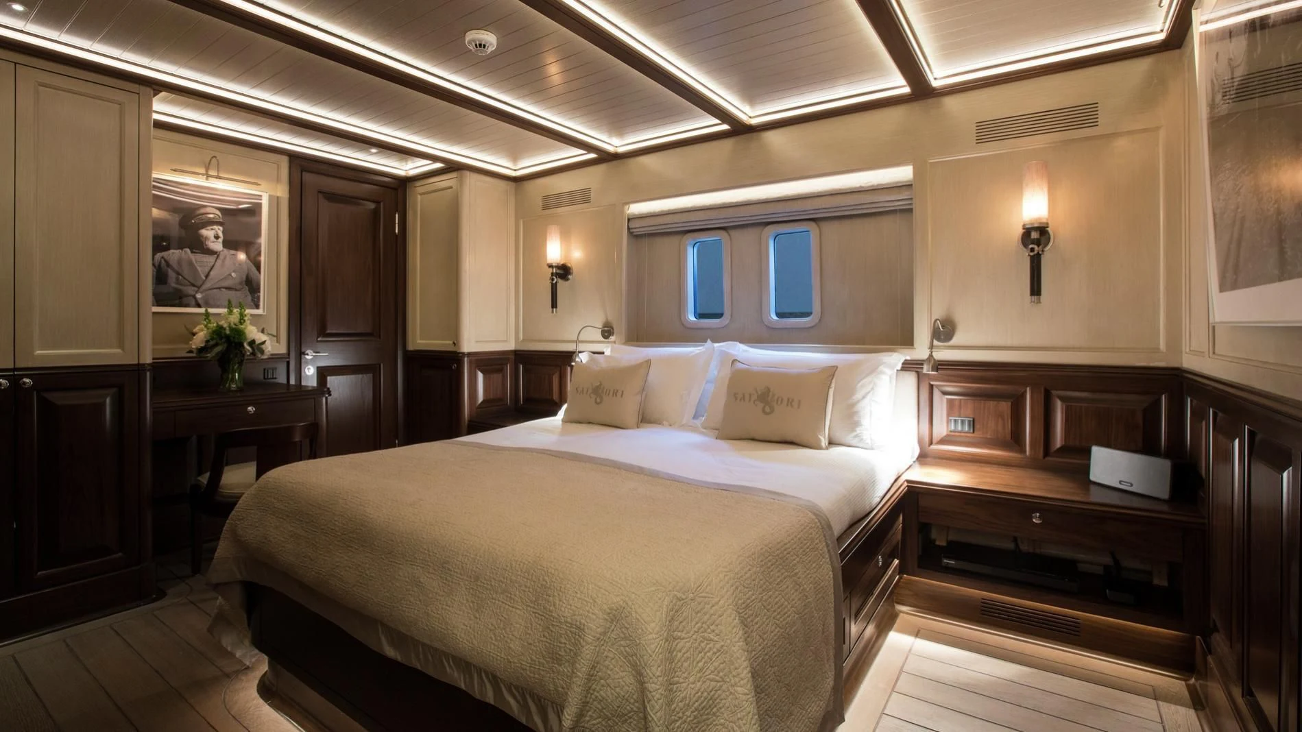a large bed in a hotel room aboard NAUTILUS Yacht for Sale