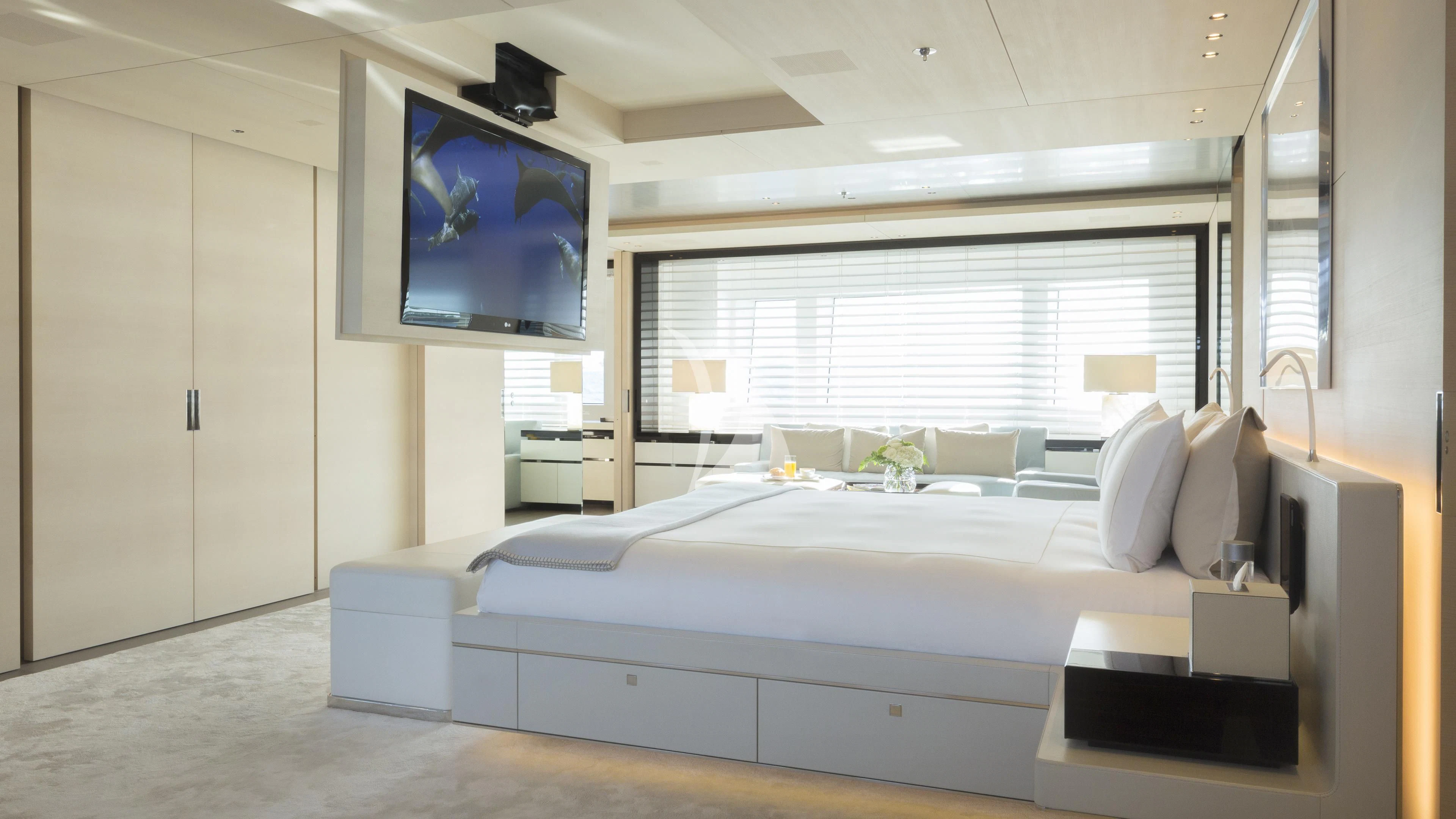 a large bed in a room aboard NAUTILUS Yacht for Sale