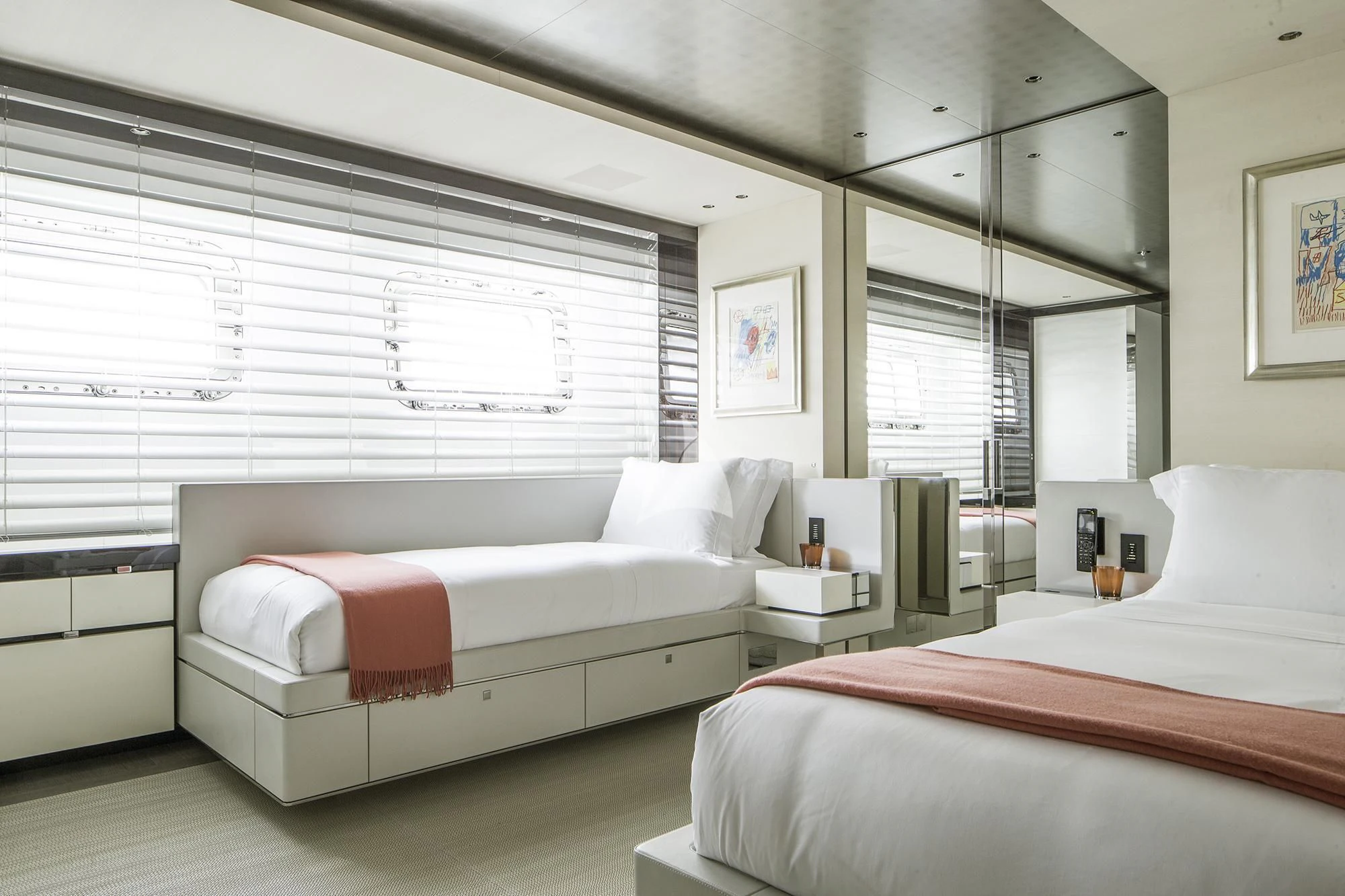 a room with two beds aboard NAUTILUS Yacht for Sale