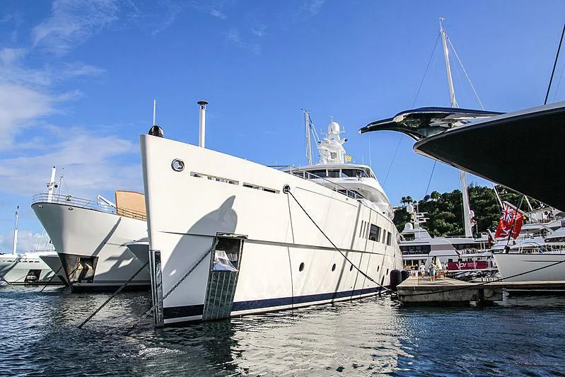 a large white boat docked aboard NAUTILUS Yacht for Sale