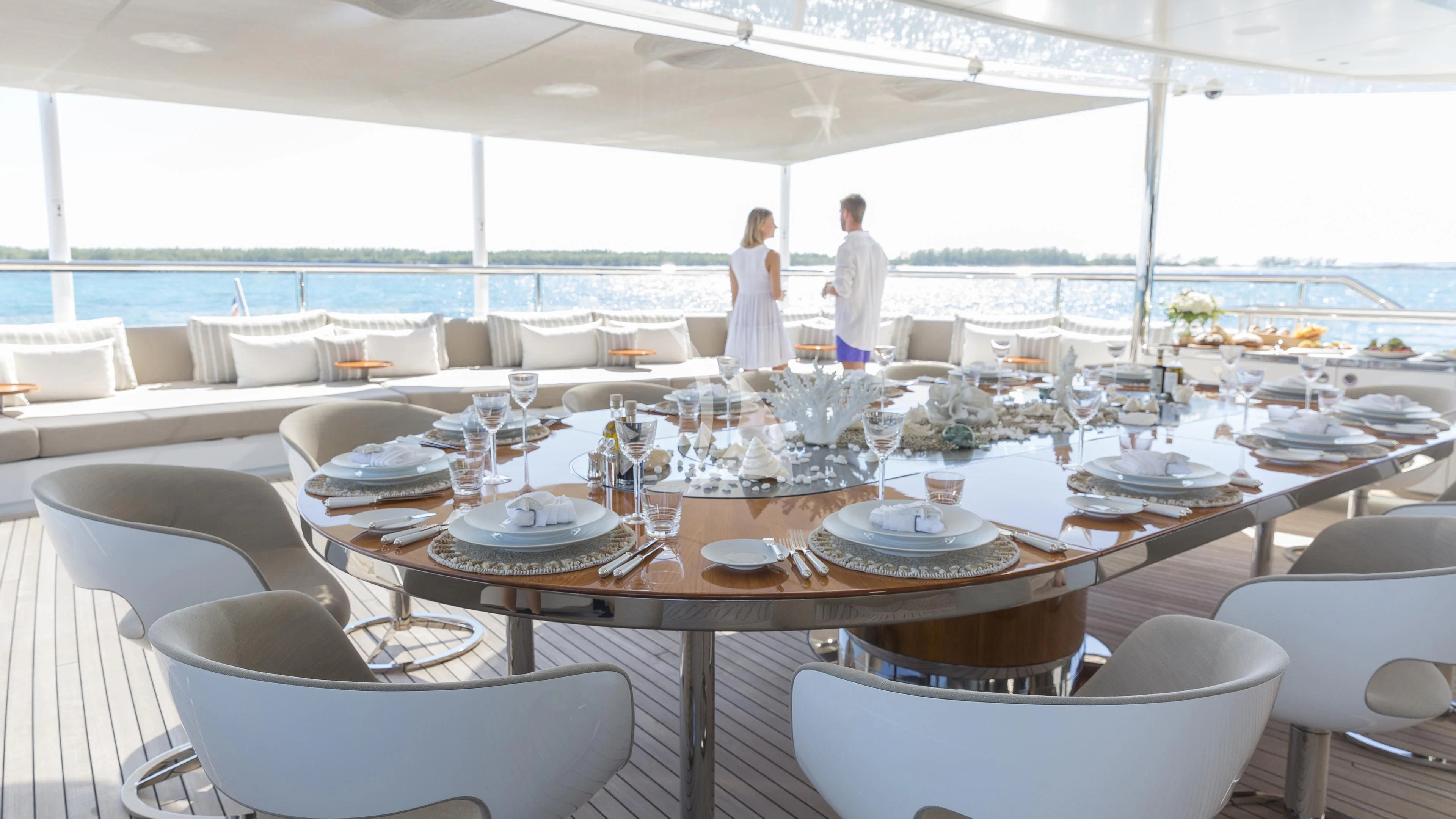a table set for a dinner party aboard NAUTILUS Yacht for Sale