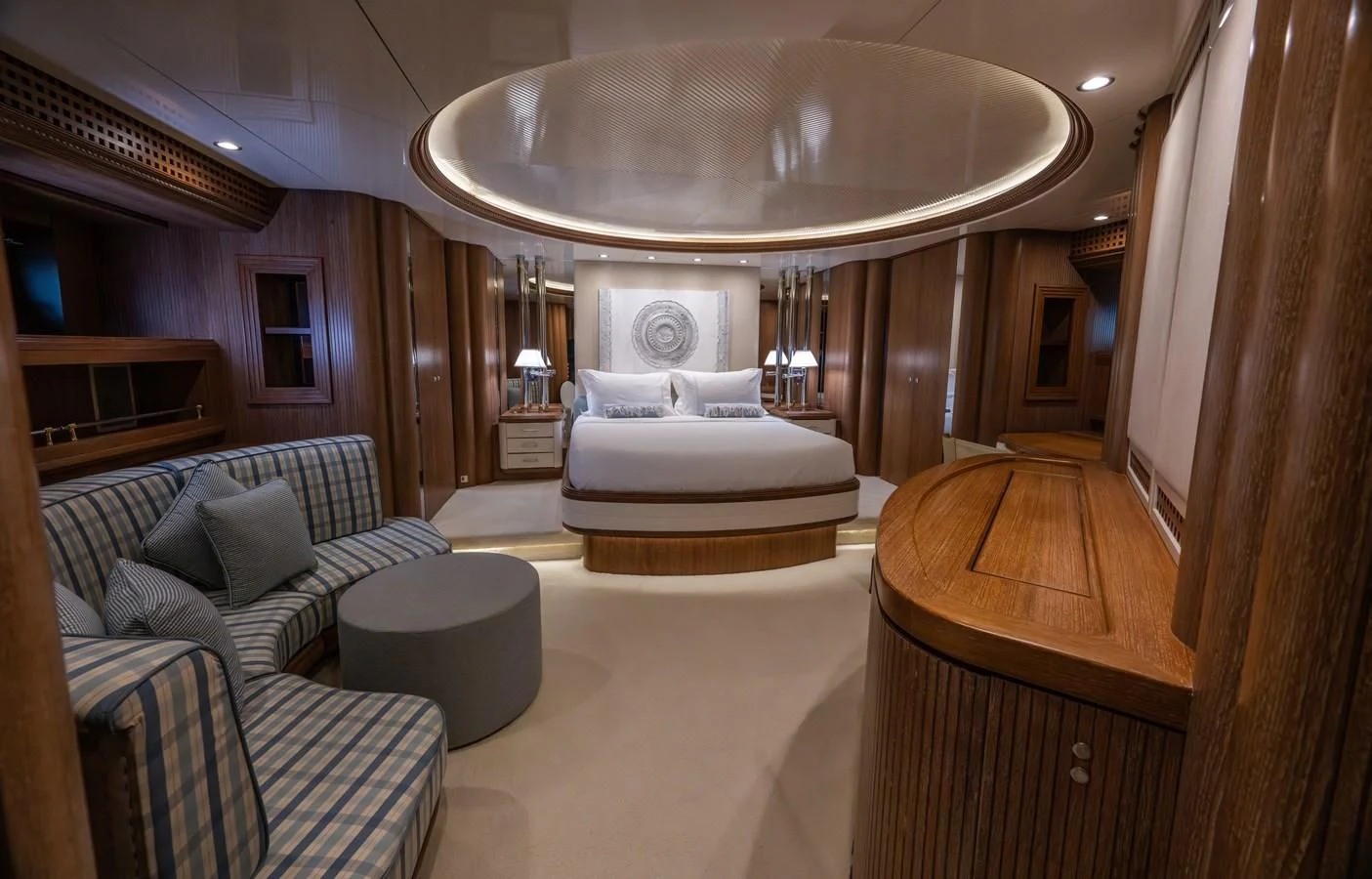 a large room with a chandelier and a couch aboard LA CATTIVA 1 Yacht for Sale