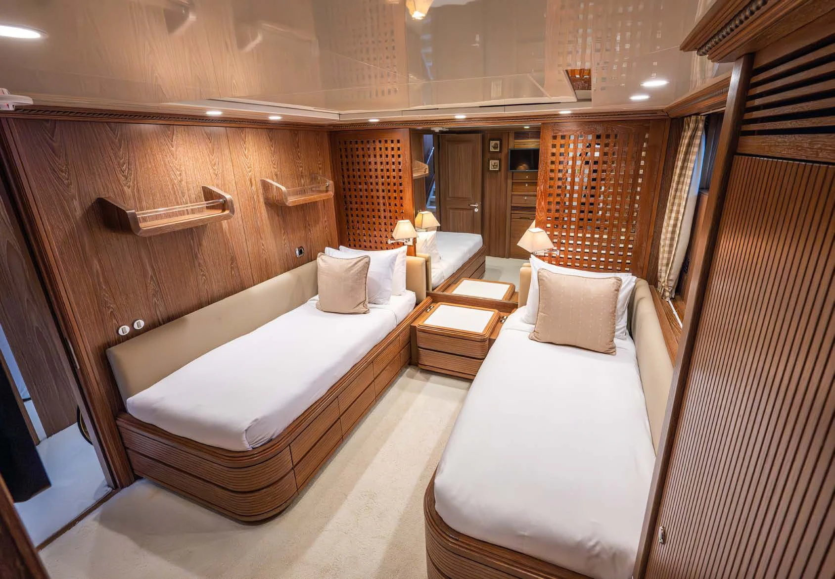 a room with a bed and a mirror aboard LA CATTIVA 1 Yacht for Sale
