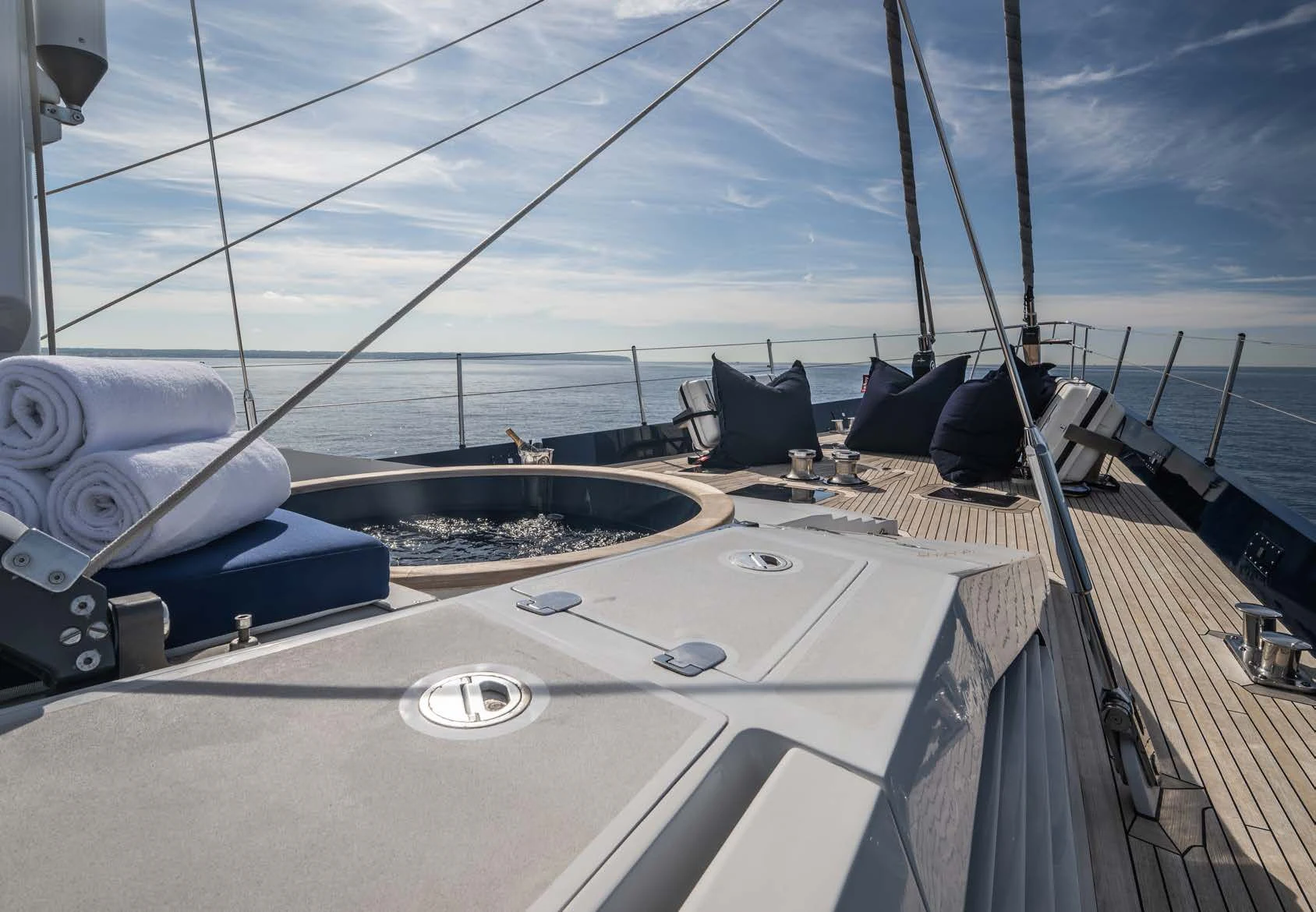 a deck with a deck and a pool aboard LA CATTIVA 1 Yacht for Sale