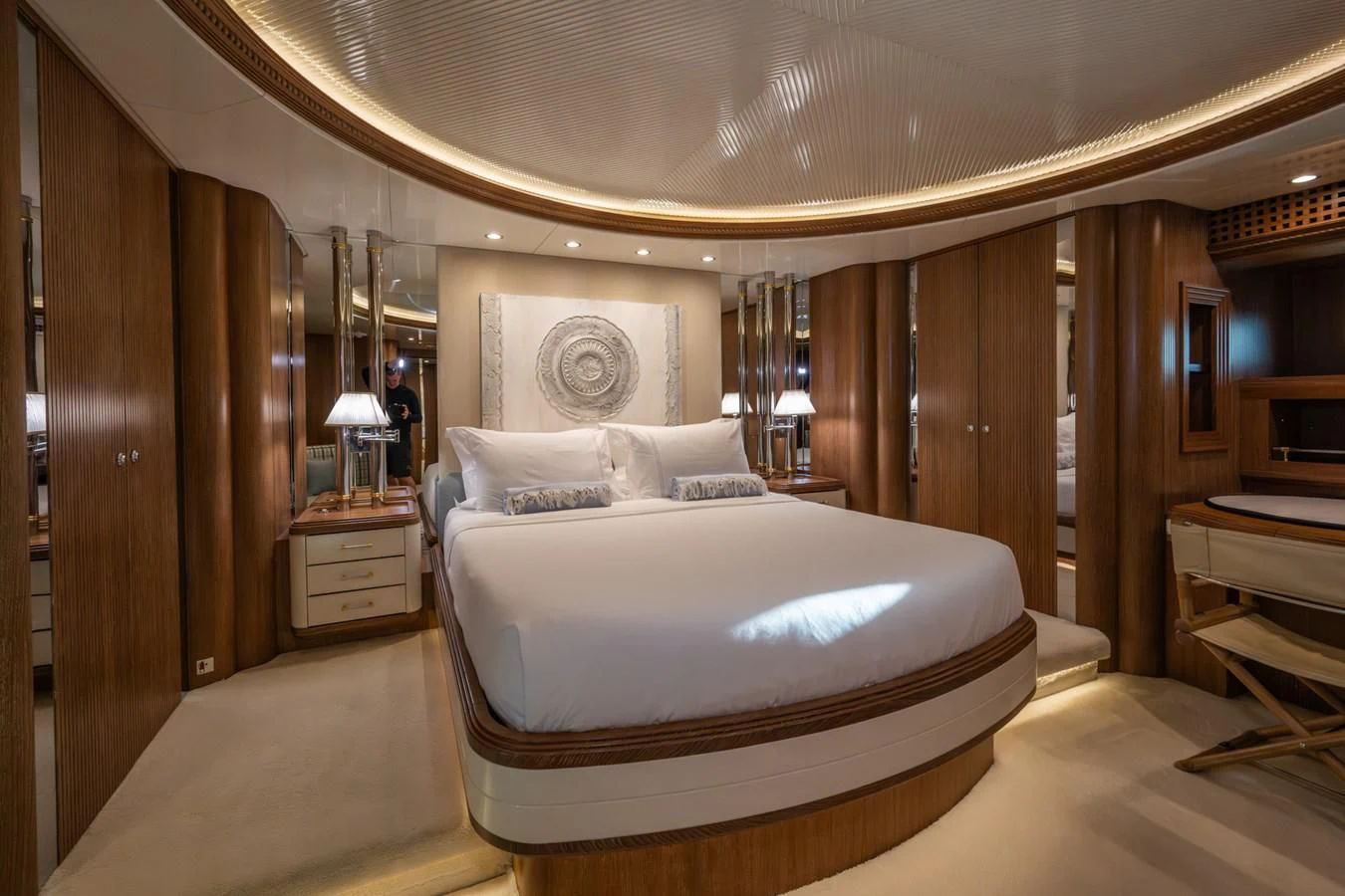 a large bedroom with a large bed aboard LA CATTIVA 1 Yacht for Sale