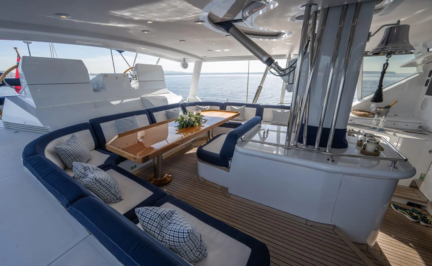 a boat with a table and chairs aboard LA CATTIVA 1 Yacht for Sale