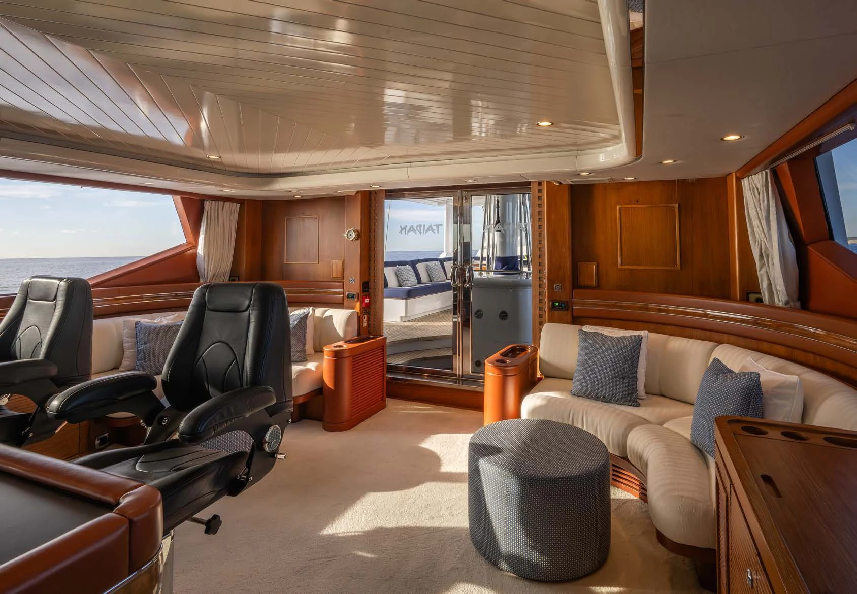 a living room with a couch and chairs aboard LA CATTIVA 1 Yacht for Sale