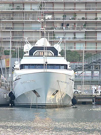 a boat in a harbor aboard IL VAGABONDO Yacht for Sale