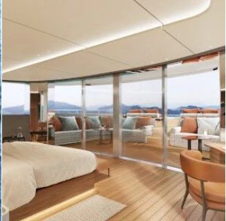 a room with a bed and a large window aboard ASANTE Yacht for Sale
