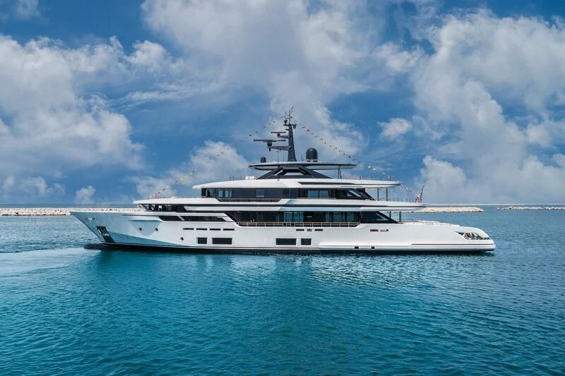 a white yacht in the water aboard ASANTE Yacht for Sale